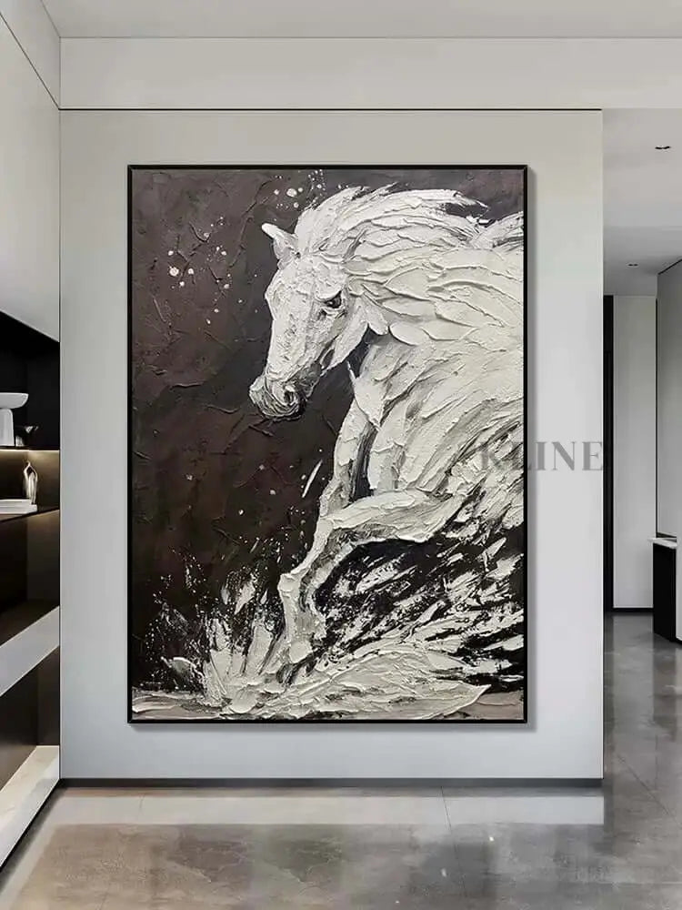 Black and White Horse Textured Wall Art - Hand Painting Plaster Art