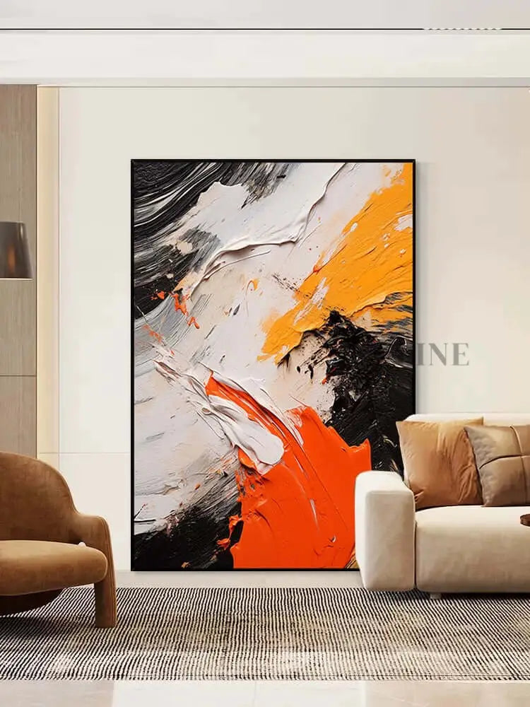Black and White Orange Textured Wall Art - Hand Painting 3D Textured Wall Art