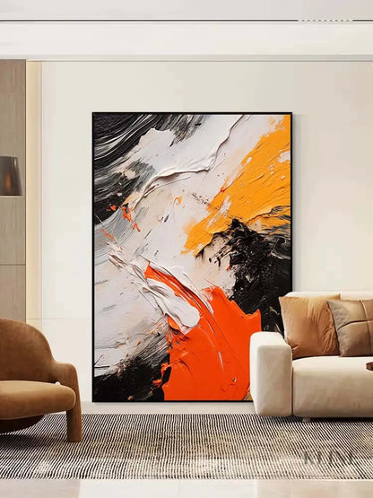 Black and White Orange Textured Wall Art - Hand Painting