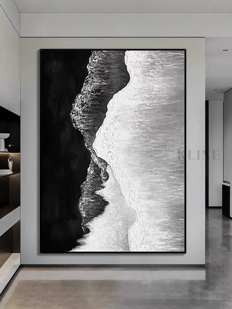 Black and White Seashore Textured Oil Painting - Hand Painting Plaster Art
