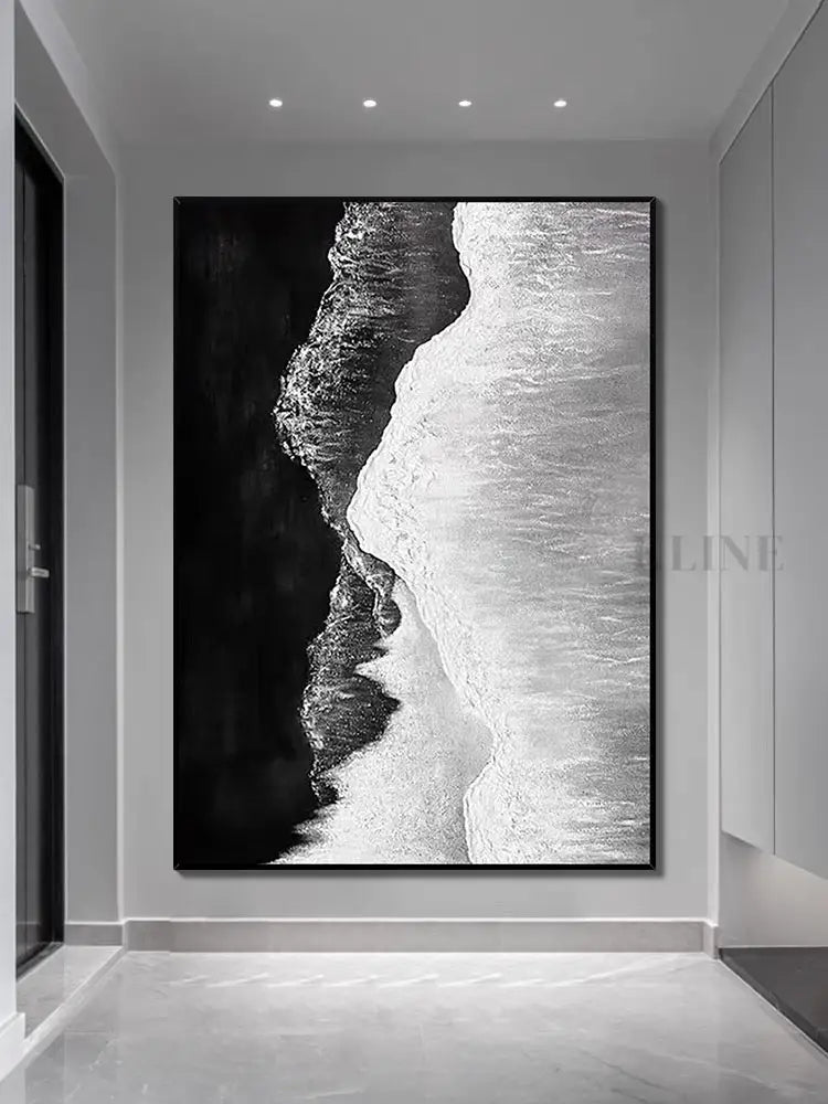 Black and White Seashore Textured Oil Painting - Hand Painting