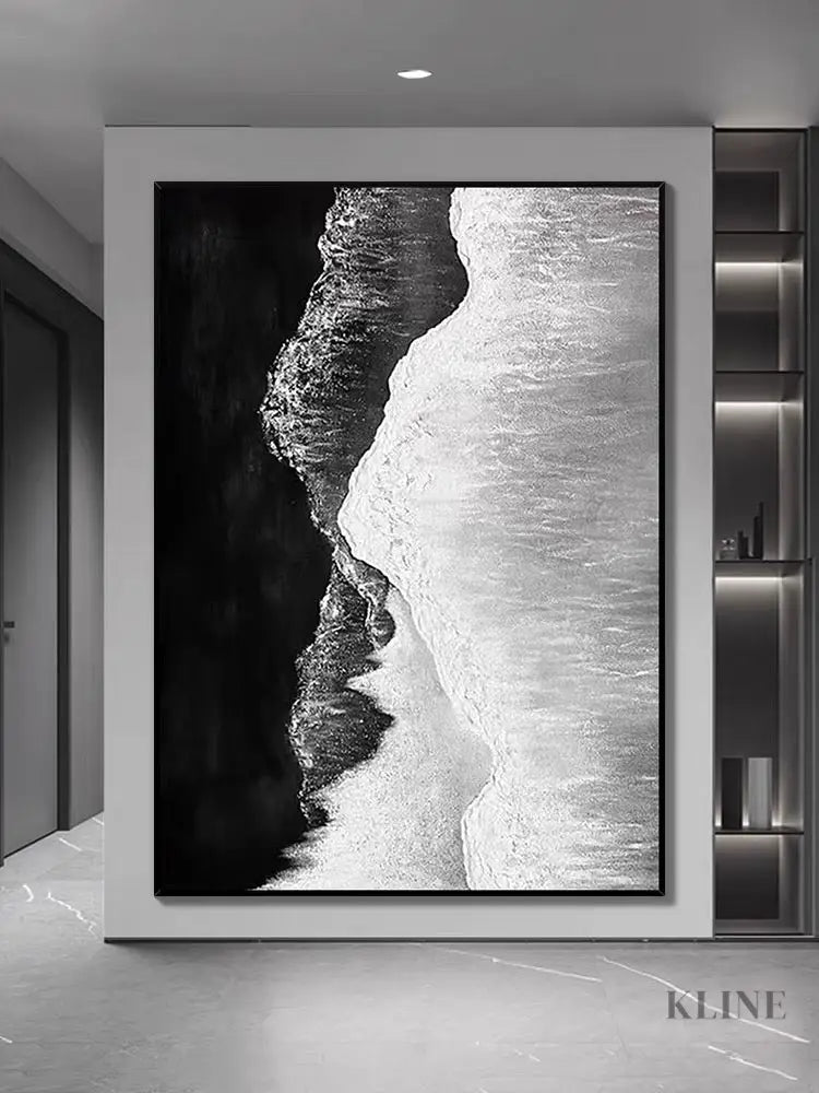 Black and White Seashore Textured Oil Painting - Hand Painting テクスチャーのあるウォールアート