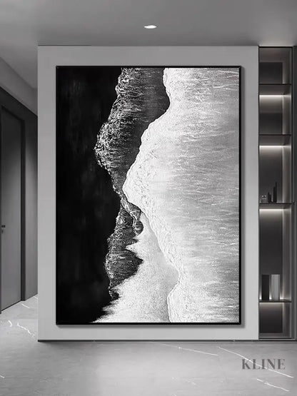 Black and White Seashore Textured Oil Painting - Hand Painting