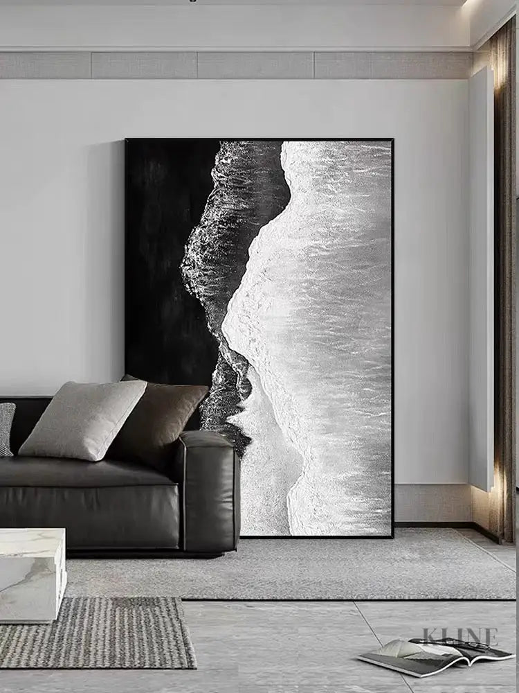 Black and White Seashore Textured Oil Painting - Hand Painting テクスチャーのあるウォールアート