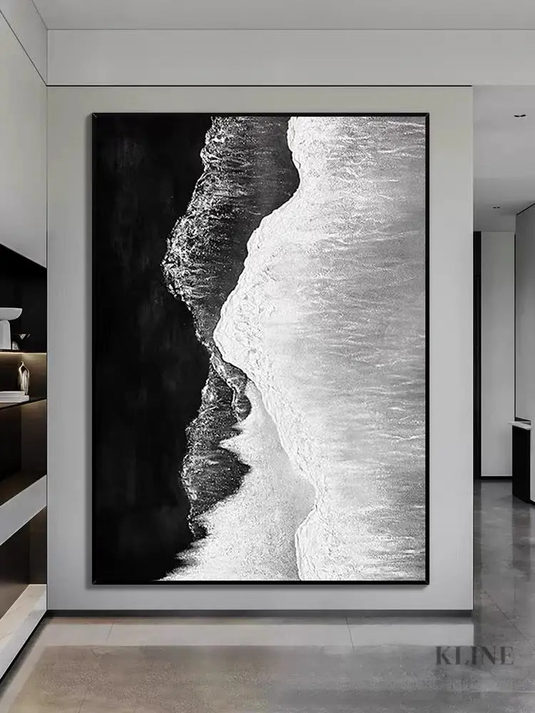 Black and White Seashore Textured Oil Painting - Hand Painting テクスチャーのあるウォールアート