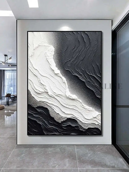 Black and White Seaside Beach Textured Painting - Hand Painting