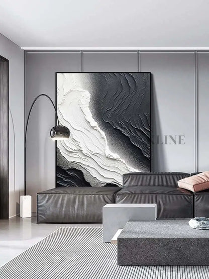 Black and White Seaside Beach Textured Painting - Hand Painting