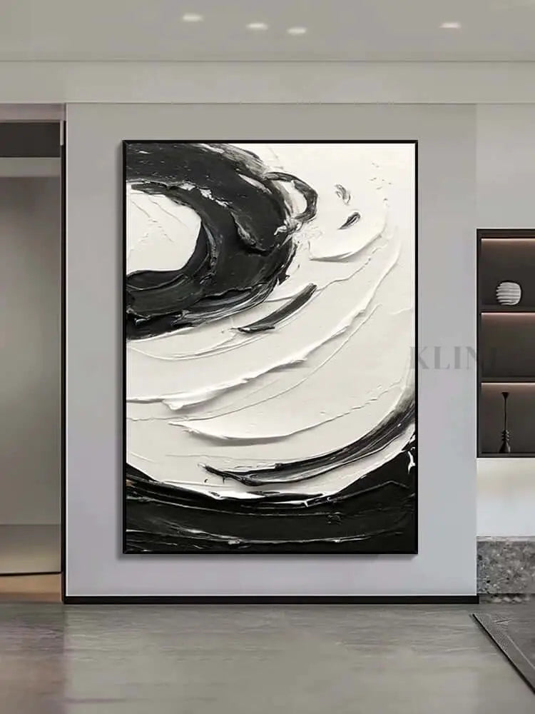 Black and White Swirling Textured Oil Painting - Hand Painting