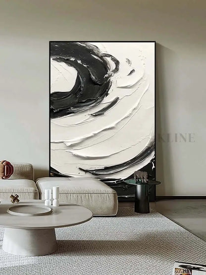 Black and White Swirling Textured Oil Painting - Hand Painting
