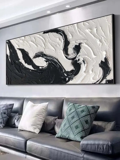 Black and White Textured Wall Art Above Couch - Hand Painting