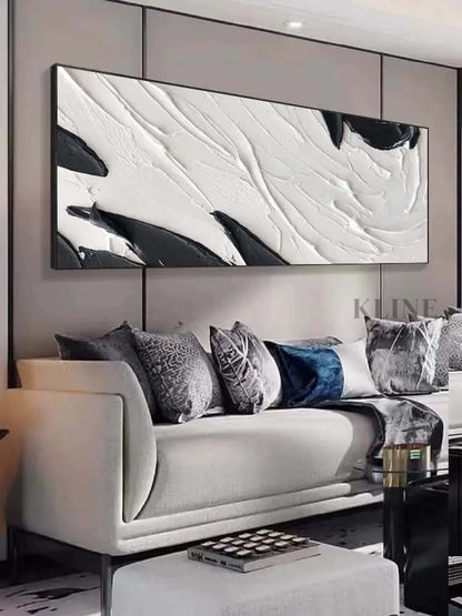 Black and White Textured Wall Art Above Sofa - Hand Painting