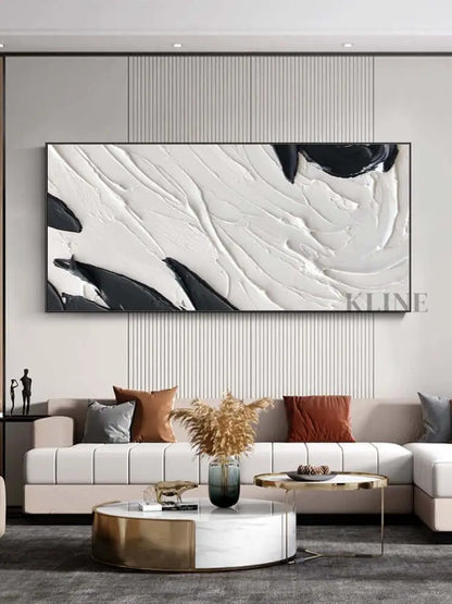 Black and White Textured Wall Art Above Sofa - Hand Painting