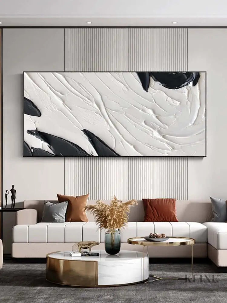 Black and White Textured Wall Art Above Sofa - Hand Painting