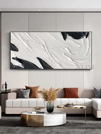Black and White Textured Wall Art Above Sofa - Hand Painting