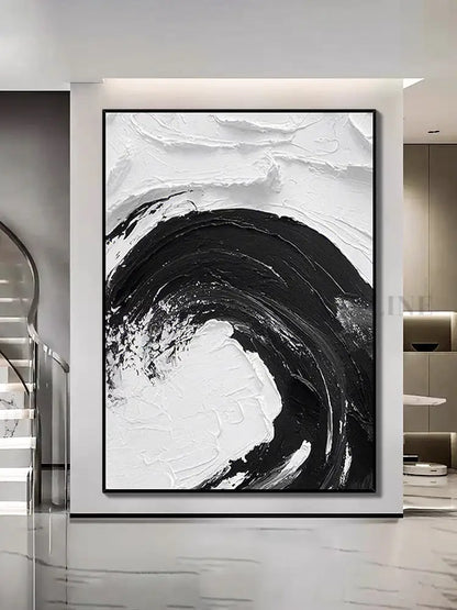 Black and White Waves Textured Oil Painting - Hand Painting