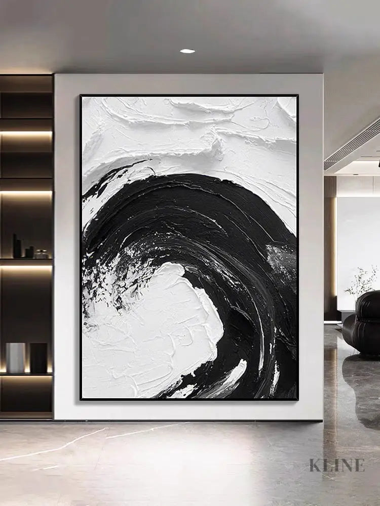 Black and White Waves Textured Oil Painting - Hand Painting
