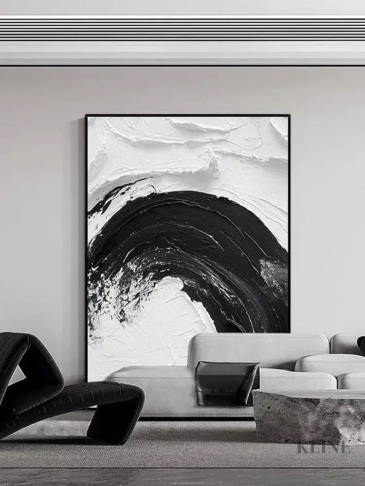 Black and White Waves Textured Oil Painting - Hand Painting