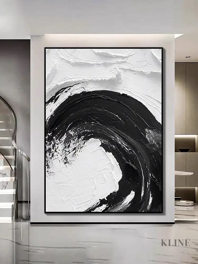 Black and White Waves Textured Oil Painting - Hand Painting