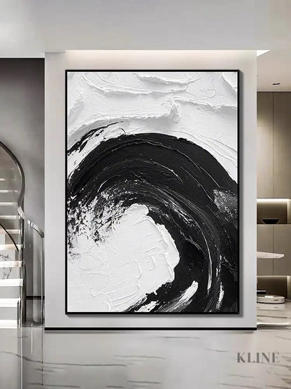 Black and White Waves Textured Oil Painting - Hand Painting
