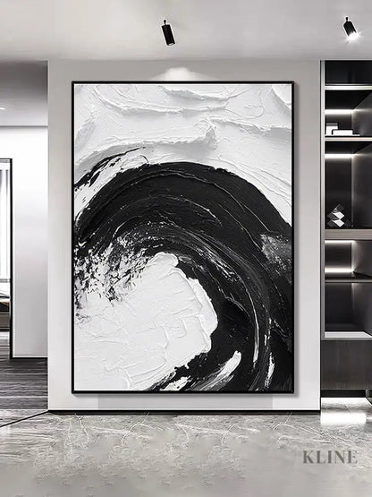 Black and White Waves Textured Oil Painting - Hand Painting