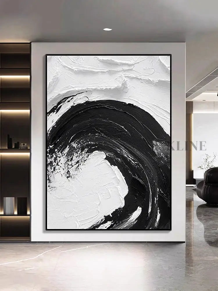 Black and White Waves Textured Oil Painting - Hand Painting