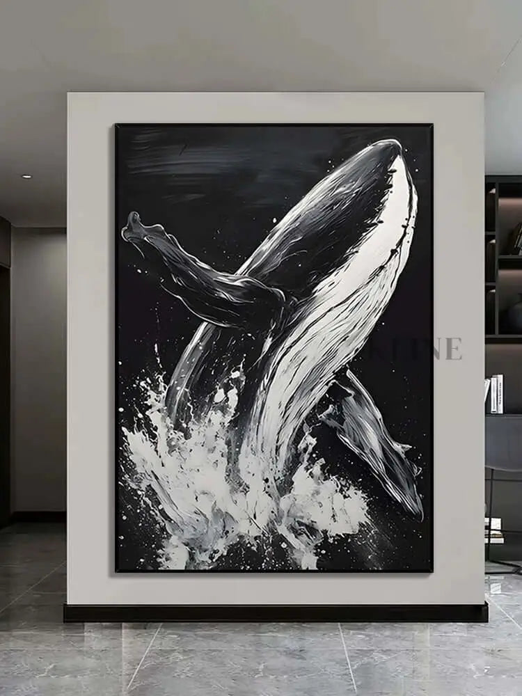 Black and White Whale Textured Wall Art - Hand Painting Dining Room Wall Art
