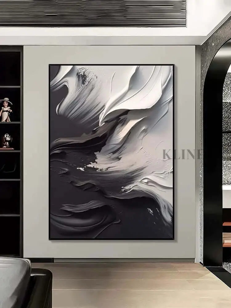 Black Grey Heavy White Textured Wall Art - Hand Painting Plaster Art