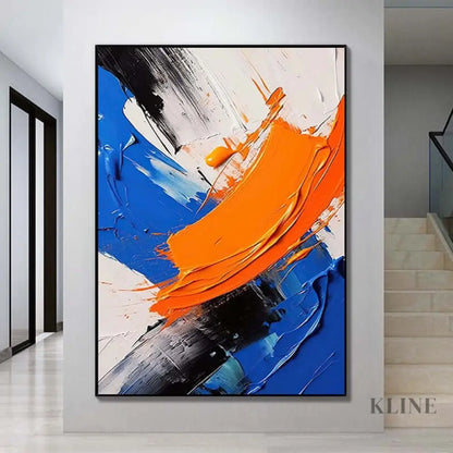 Black White Blue and Orange Textured Wall Art - Hand Painting