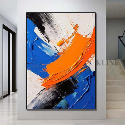 Black White Blue and Orange Textured Wall Art - Hand Painting