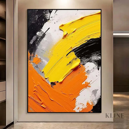 Black White Orange and Yellow Textured Wall Art - Hand Painting