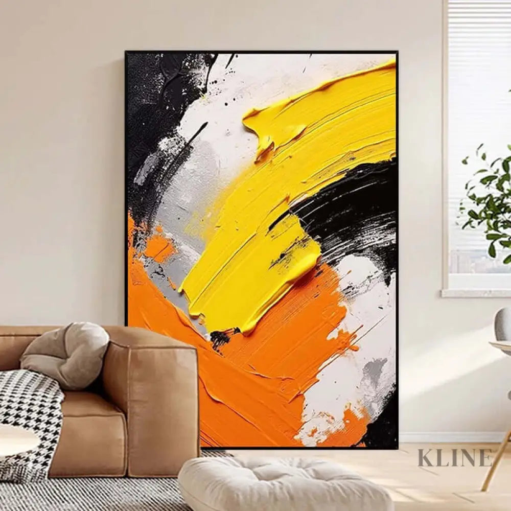 Black White Orange and Yellow Textured Wall Art - Hand Painting 