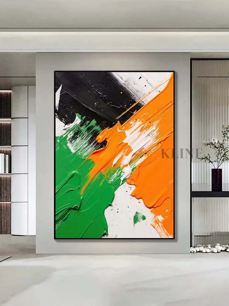 Black White Orange Green Textured Wall Art - Hand Painting