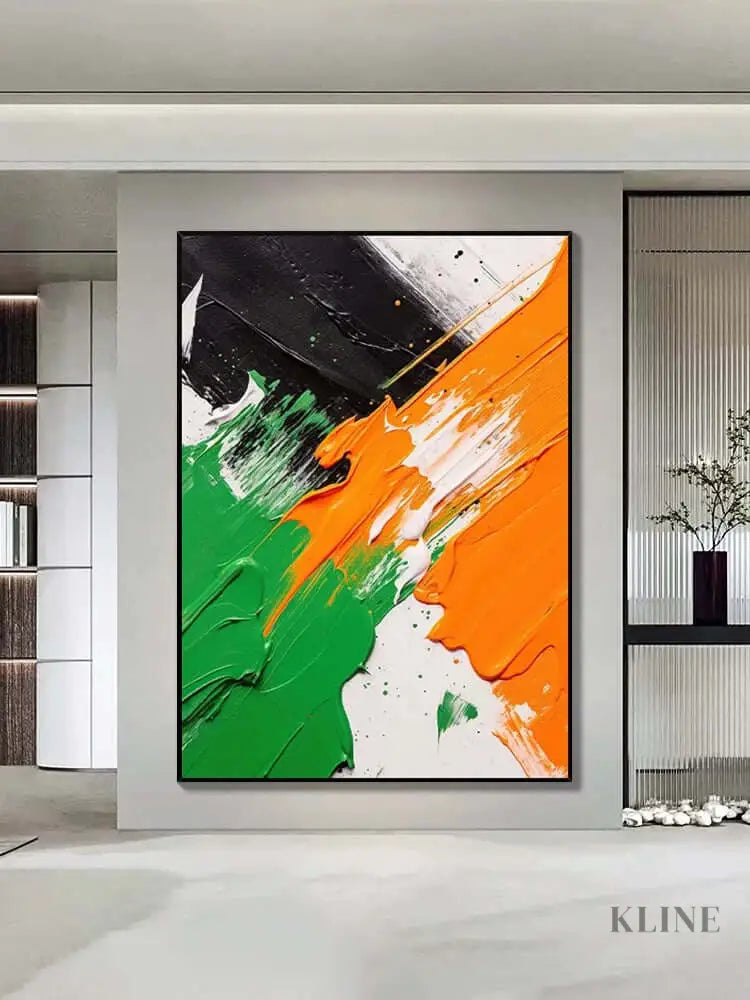 Black White Orange Green Textured Wall Art - Hand Painting