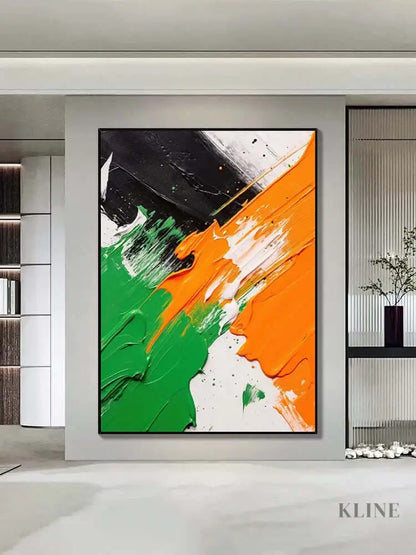 Black White Orange Green Textured Wall Art - Hand Painting