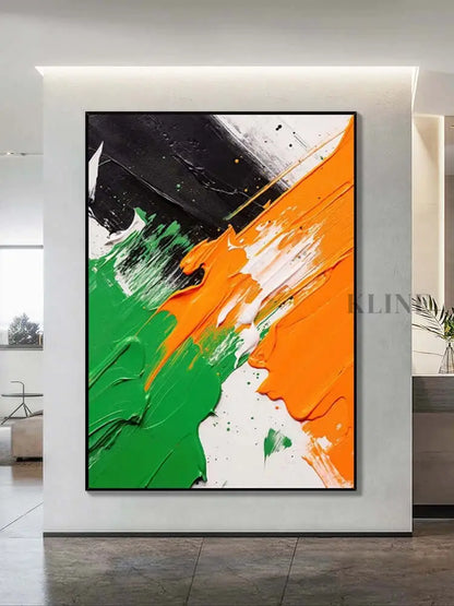 Black White Orange Green Textured Wall Art - Hand Painting