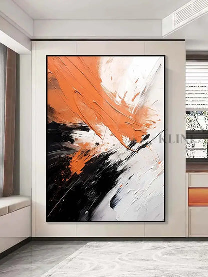 Black White Orange Space Textured Wall Art - Hand Painting