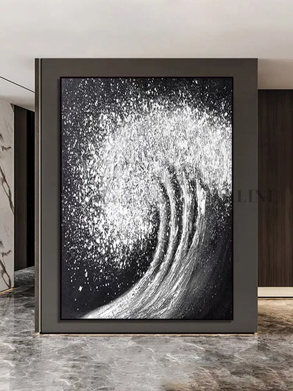 Black White Waves Painting - Hand Painting