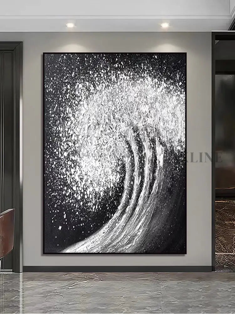 Black White Waves Painting - Hand Painting