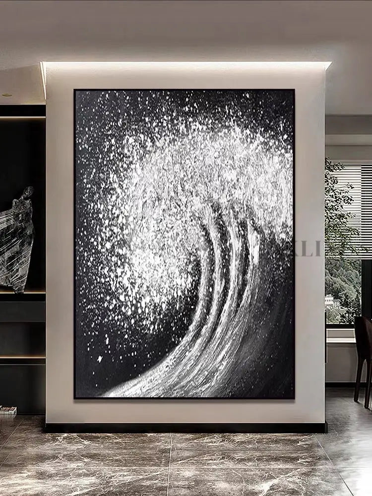 Black White Waves Painting - Hand Painting