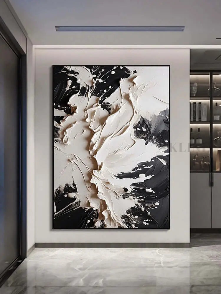 Blackened Barren textured wall art in cream and black, luxurious abstract decor for modern spaces. Plaster Art