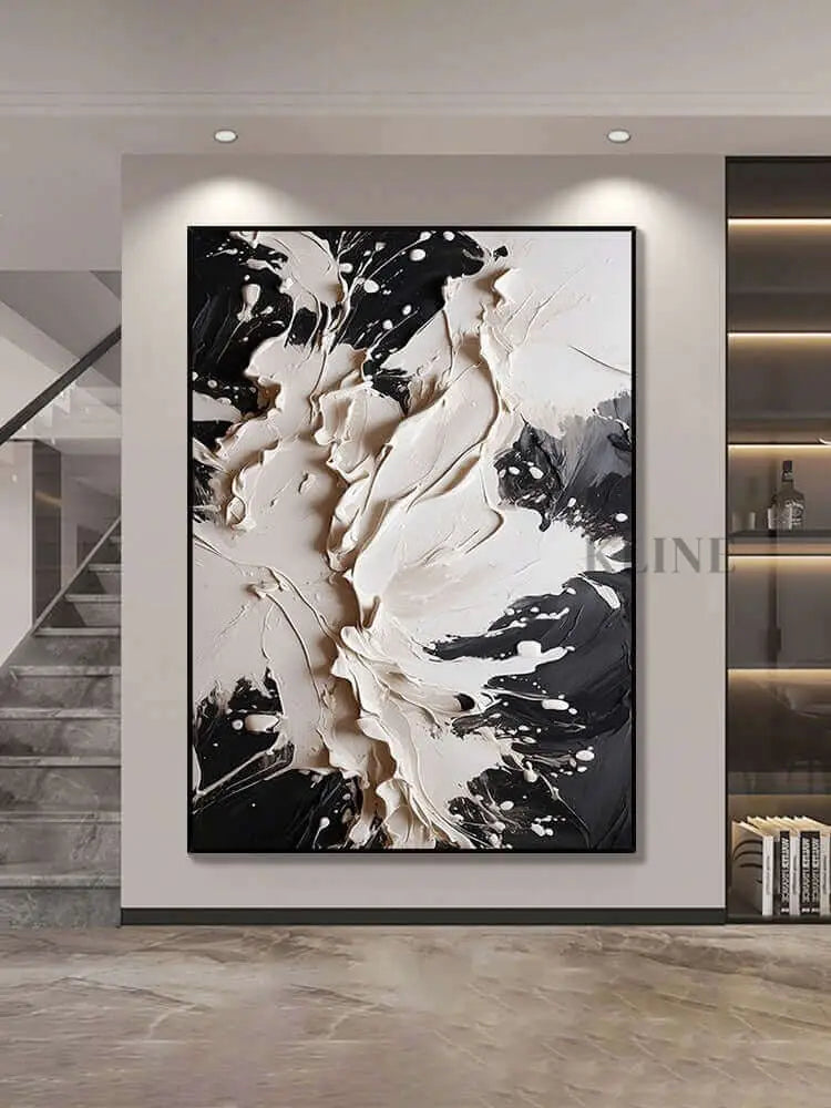 Black and cream abstract textured wall art adding luxury and modern elegance to upscale decor. Plaster Art