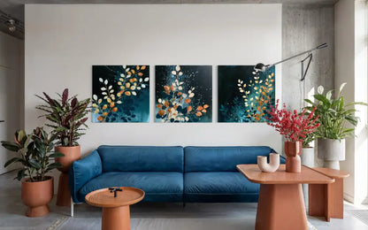 Blue Orange Florals Triptych - Hand Painting