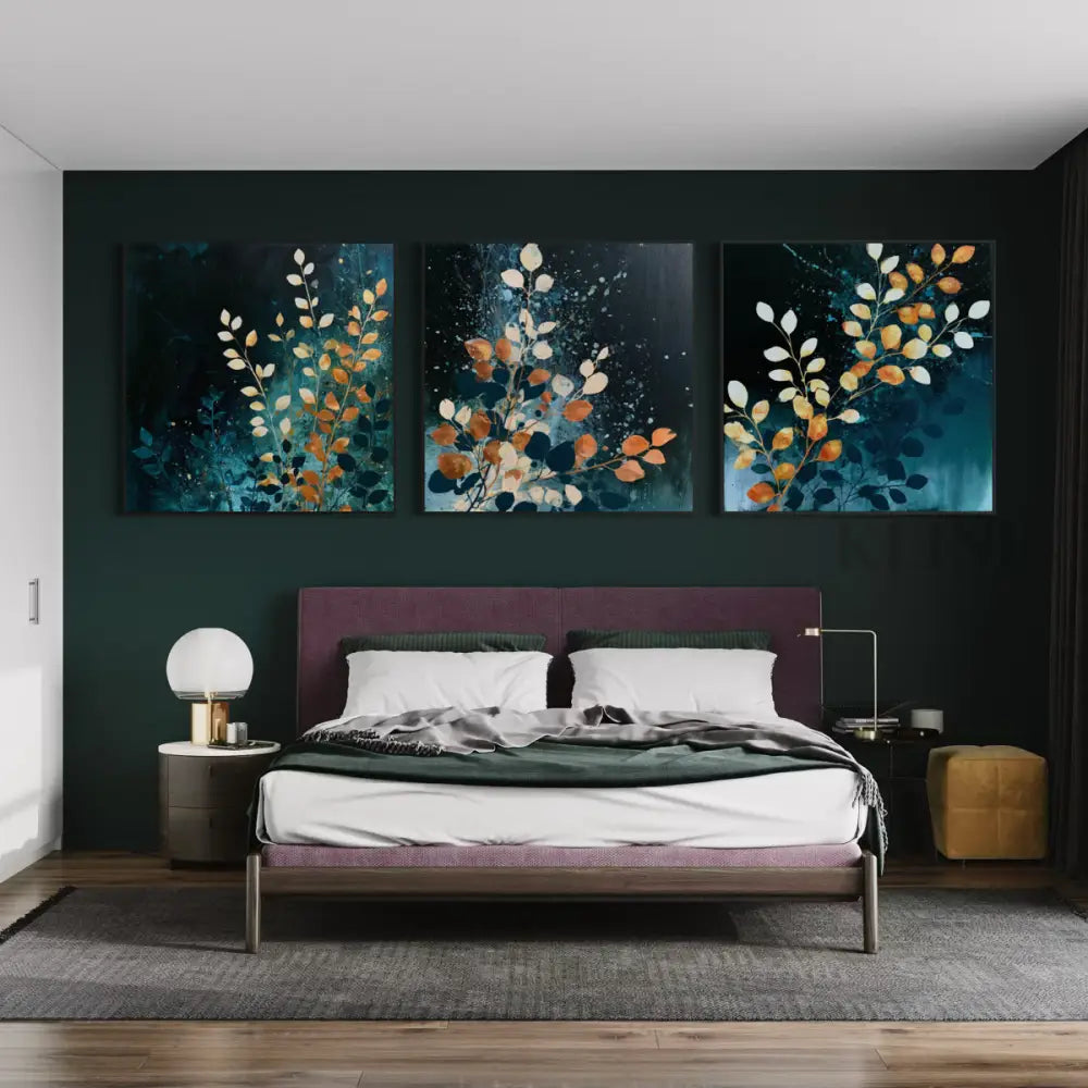 Blue Orange Florals Triptych - Hand Painting 