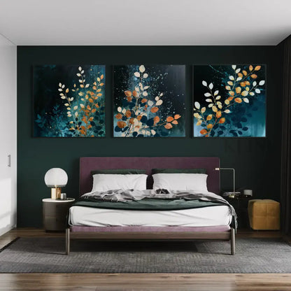 Blue Orange Florals Triptych - Hand Painting