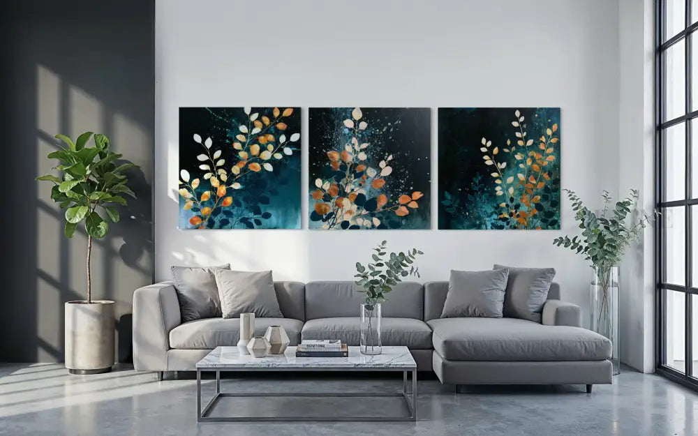 Blue Orange Florals Triptych - Hand Painting