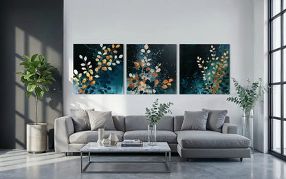Blue Orange Florals Triptych - Hand Painting