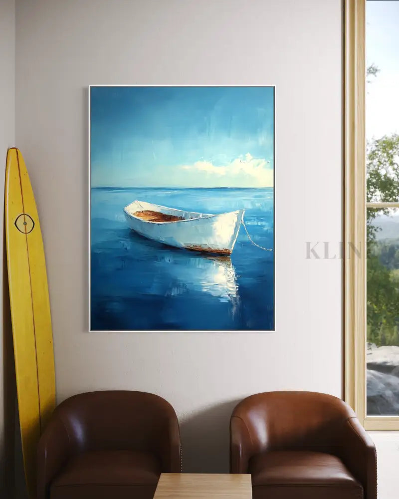 Boat on a Turquoise Morning - Hand Painting Ocean Coastal Wall Art