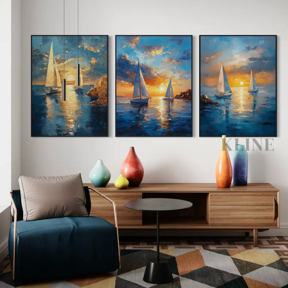 Boats Sunset Triptych - Hand Painting