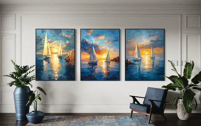 Boats Sunset Triptych - Hand Painting