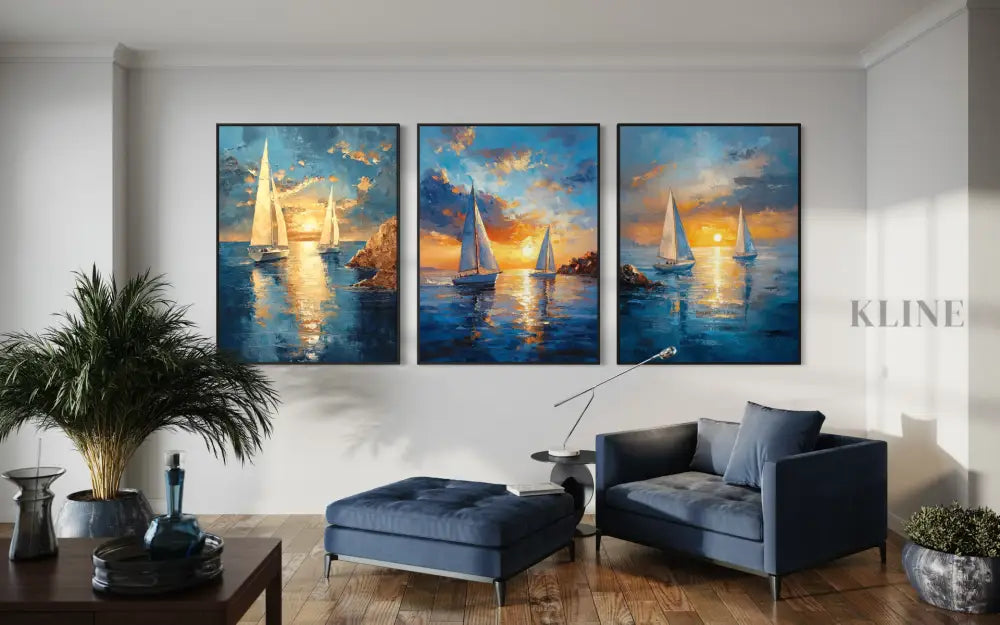 Boats Sunset Triptych - Hand Painting